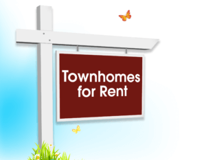 Townhomes for Rent lawn sign with butterflies flying around